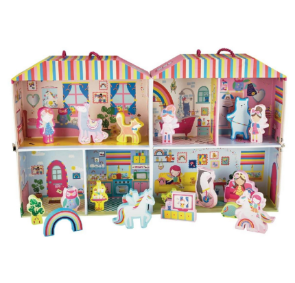 Floss&Rock® Prenosna igralna škatla z lesenimi figuricami Playbox Rainbow Fairy (18 kosov)