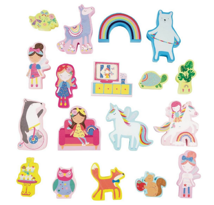 Floss&Rock® Prenosna igralna škatla z lesenimi figuricami Playbox Rainbow Fairy (18 kosov)